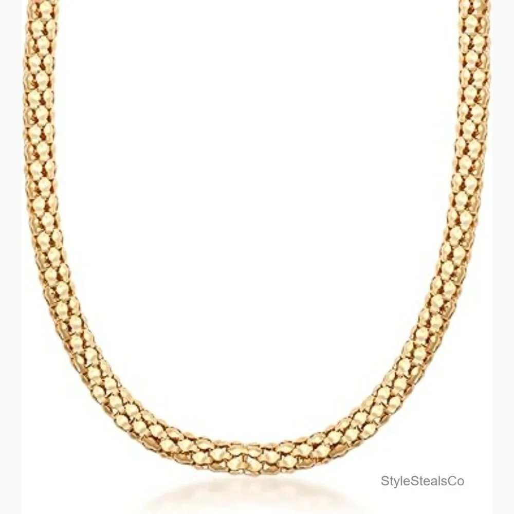 18K Gold Plated Popcorn Mesh Chain Necklace 18 Inch Length